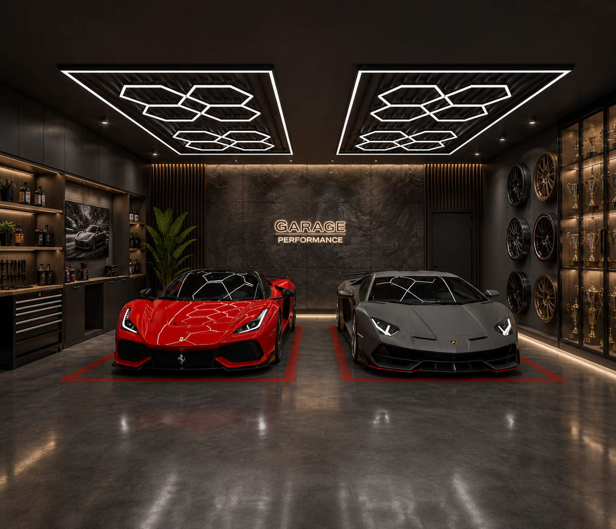 8-Hex Garage LED Lighting Kit with Border — 8' × 16'