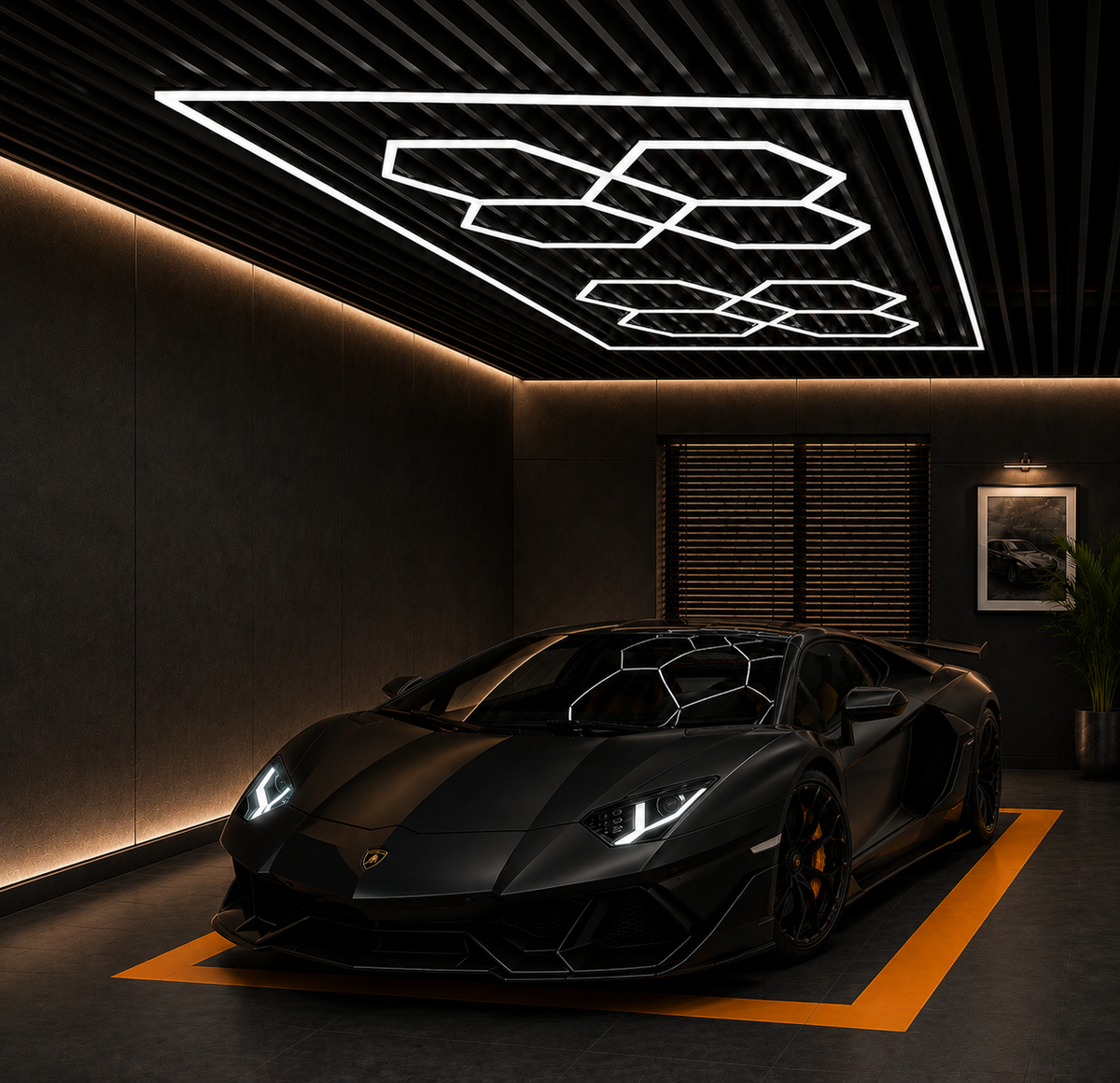 8-Hex Garage LED Lighting Kit with Border — 8' × 16'
