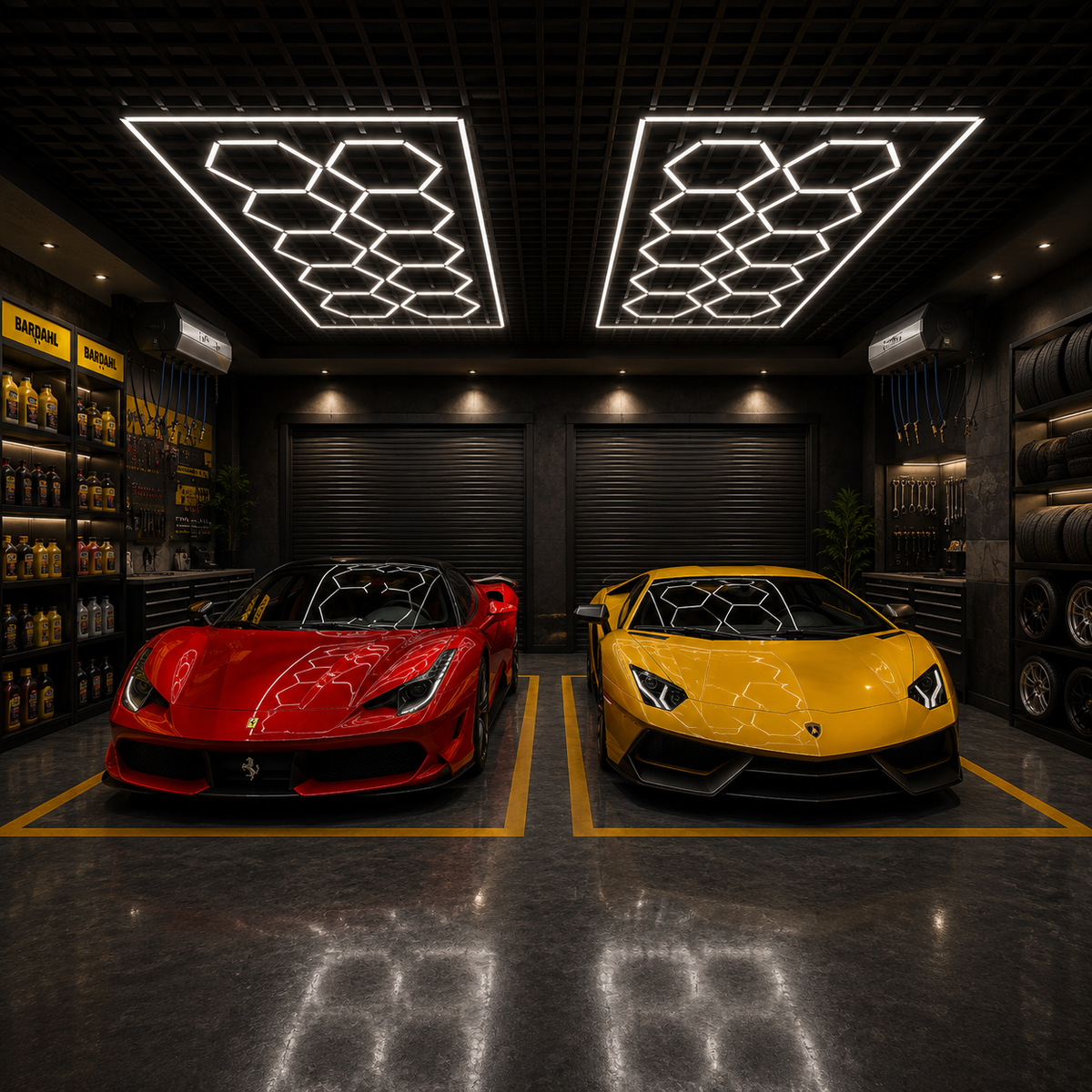 10-Hex Dual-Panel Garage LED Lighting Kit with Border — 8' × 16'