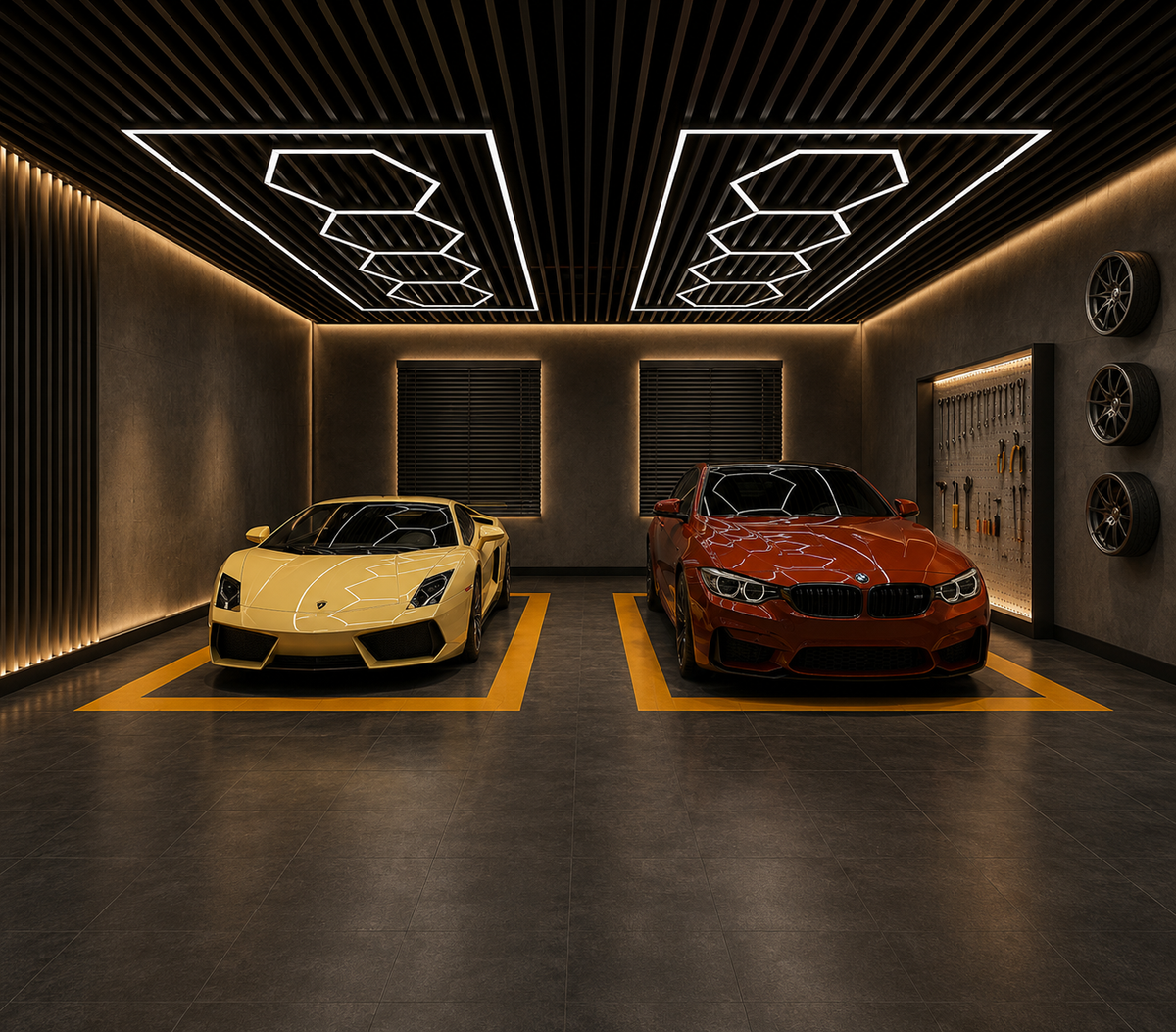 4-Hex Garage LED Lighting Kit with Border — 8' × 16'