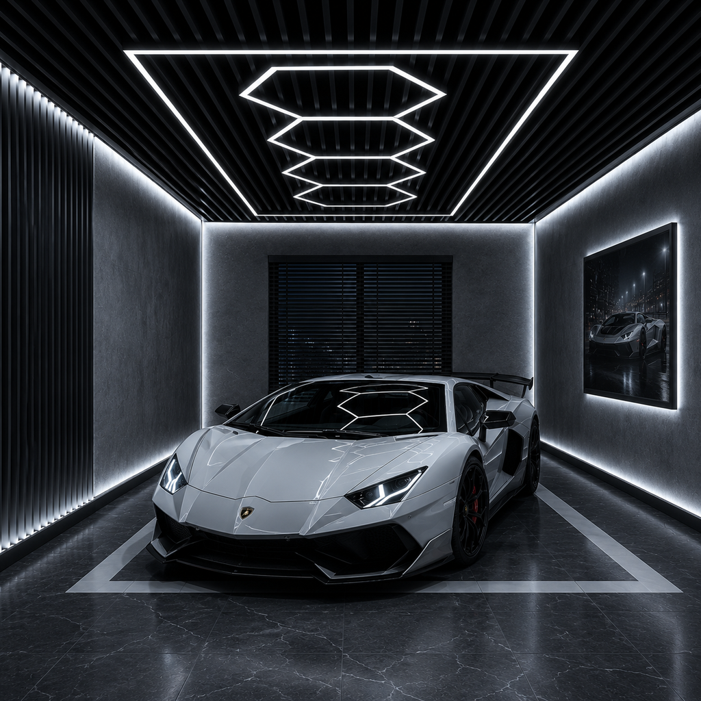 4-Hex Garage LED Lighting Kit with Border — 8' × 16'