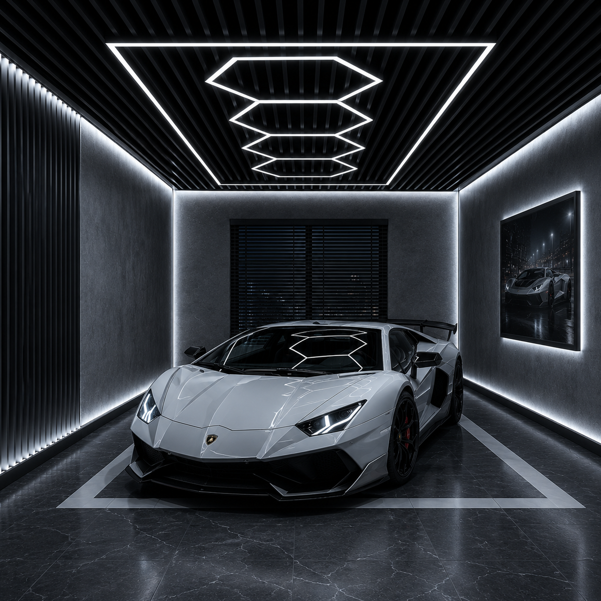 4-Hex Garage LED Lighting Kit with Border — 8' × 16'