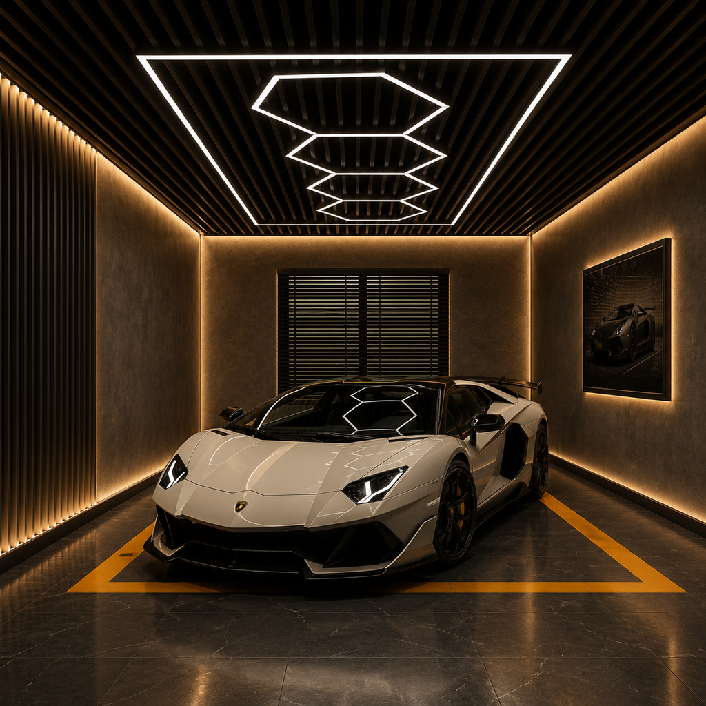 4-Hex Garage LED Lighting Kit with Border — 8' × 16'