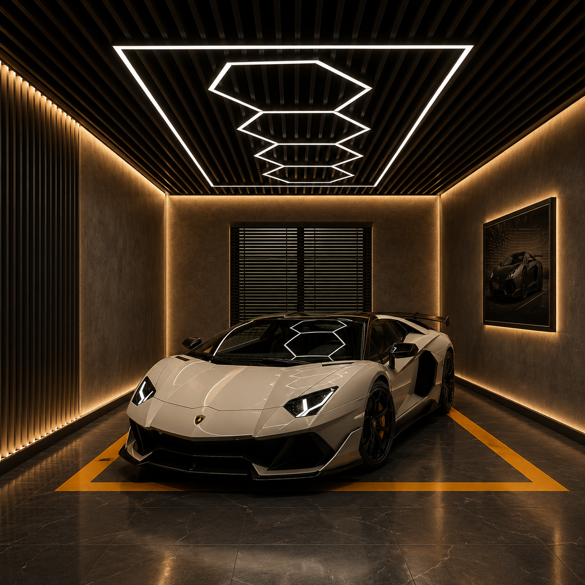 4-Hex Garage LED Lighting Kit with Border — 8' × 16'